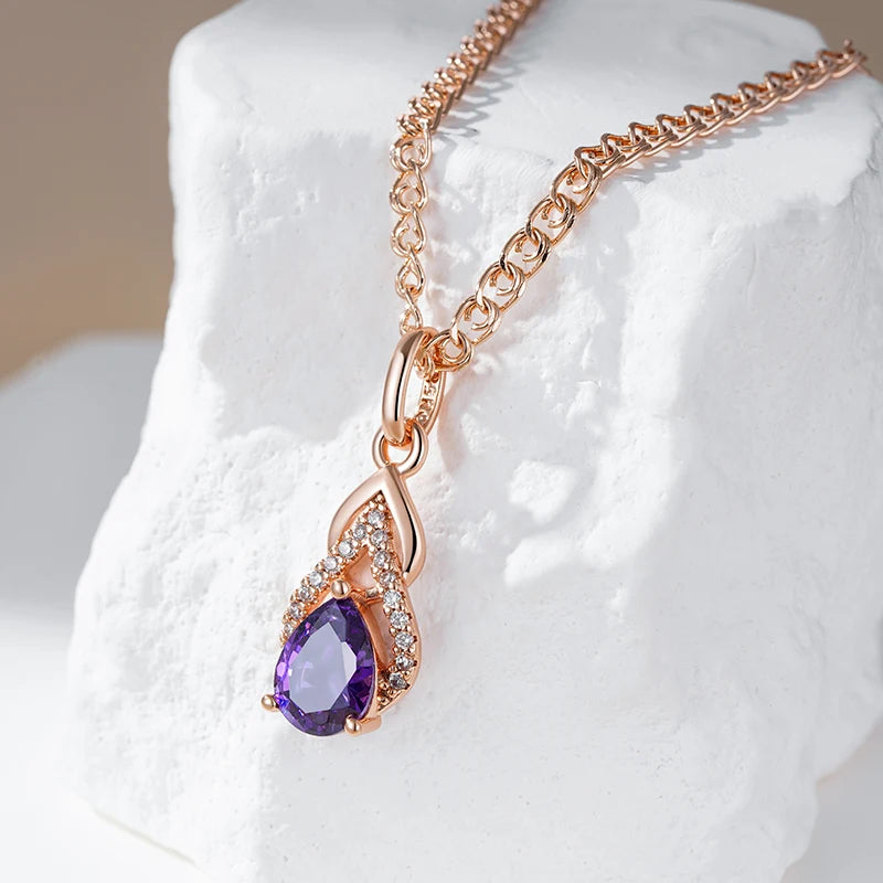 Kinel Sparkling Purple Water Drop Natural Zircon Pendant Necklace for Women 585 Rose Gold Color Vintage Party Fine Daily Jewelry
