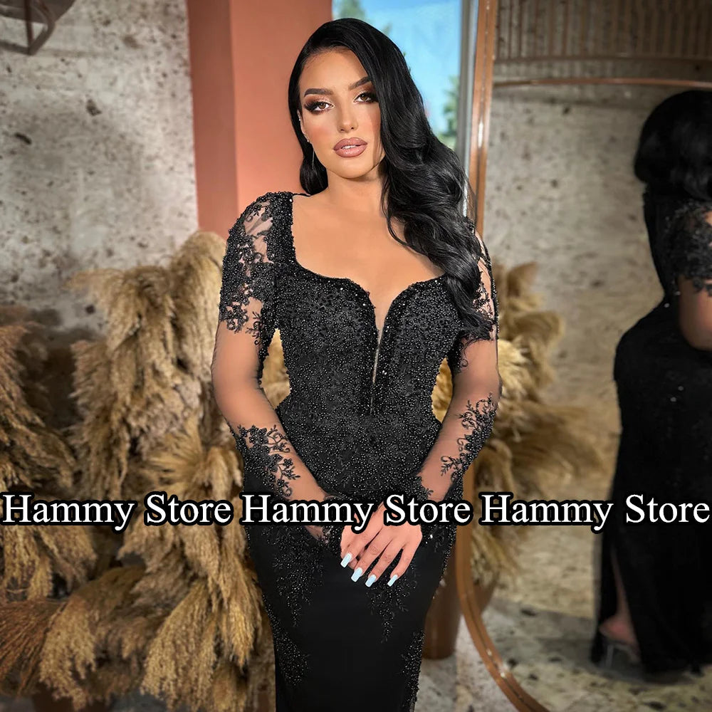 Sexy Mermaid Evening Dress Mermaid Prom Gown Illusion Long Sleeves V Neck Beading Applique Black Party Dresses Vestidos Festa
