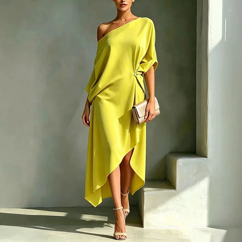 Luxury Women One Cold Shoulder Midi Dresses Loose Solid Draped Knot Waist Irregular Hem Dress Elegant Guest Holiday Formal Dress