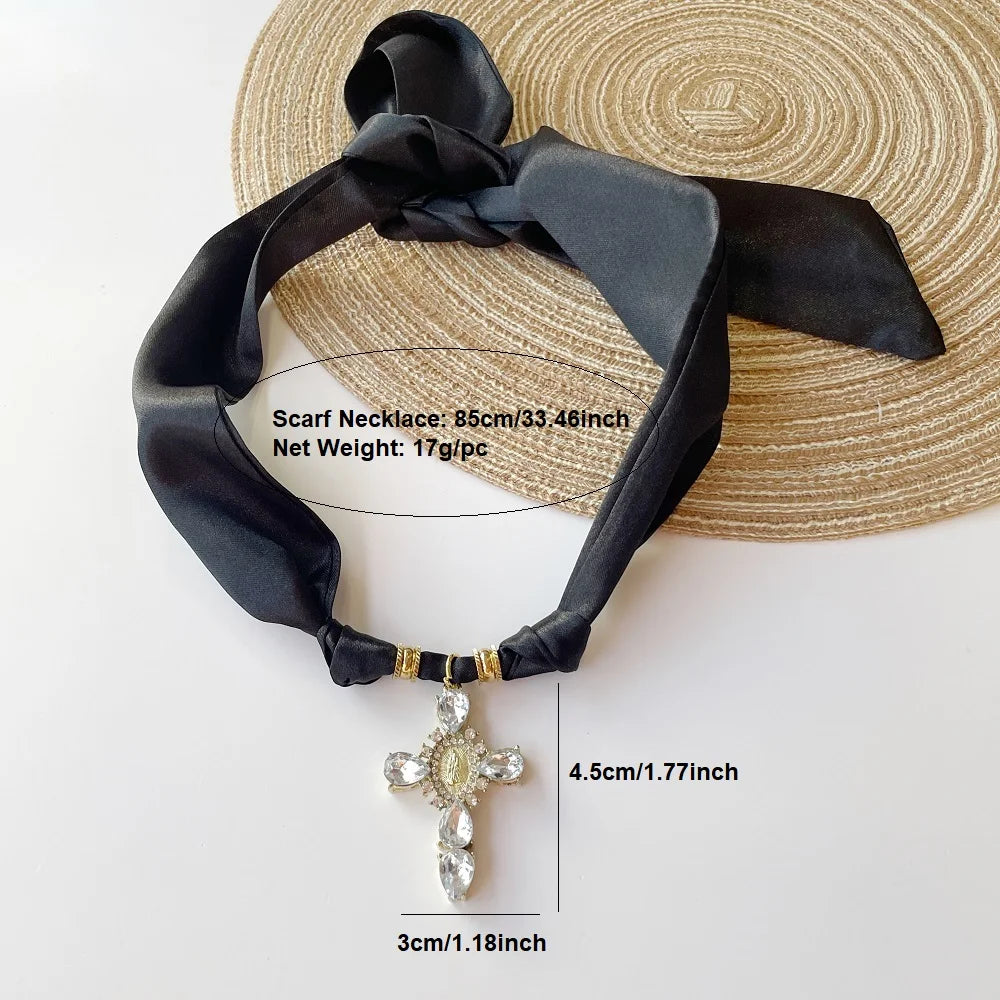 Blue Navy Pink Cross Bandana Necklace Rhinestone Cross with Virgin Mary Medallion & Fashion Adjustable Scarf Chocker