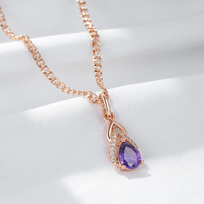 Kinel Sparkling Purple Water Drop Natural Zircon Pendant Necklace for Women 585 Rose Gold Color Vintage Party Fine Daily Jewelry