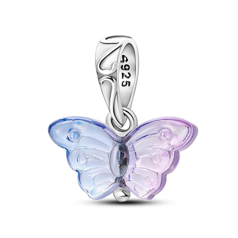 925 Silver Color Gem Butterfly Luminous Firefly Purple Charms Pendants Fit 3mm 925 Original Bracelets DIY Party Jewelry Gift