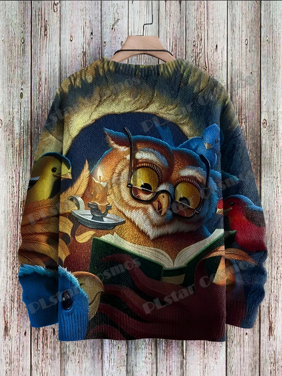 Owl Art Pattern 3D Printed Men's Knitted Pullover Winter