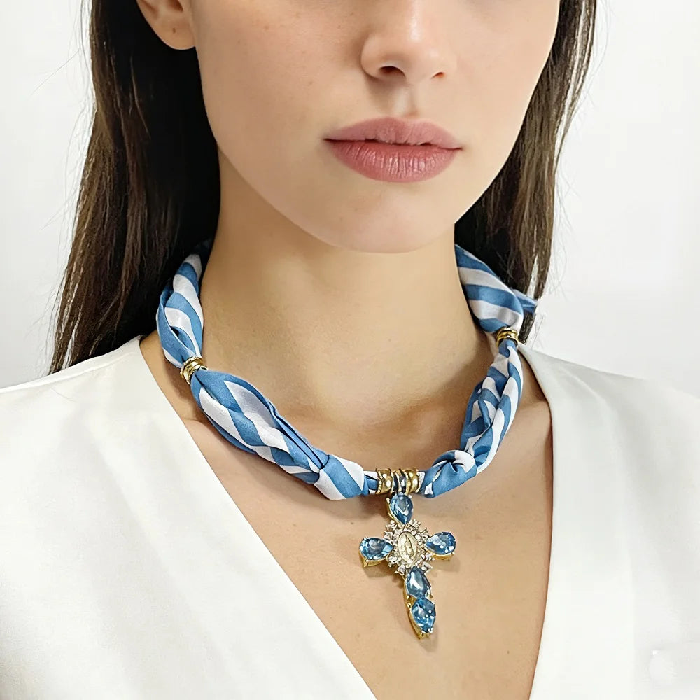 Blue Navy Pink Cross Bandana Necklace Rhinestone Cross with Virgin Mary Medallion & Fashion Adjustable Scarf Chocker