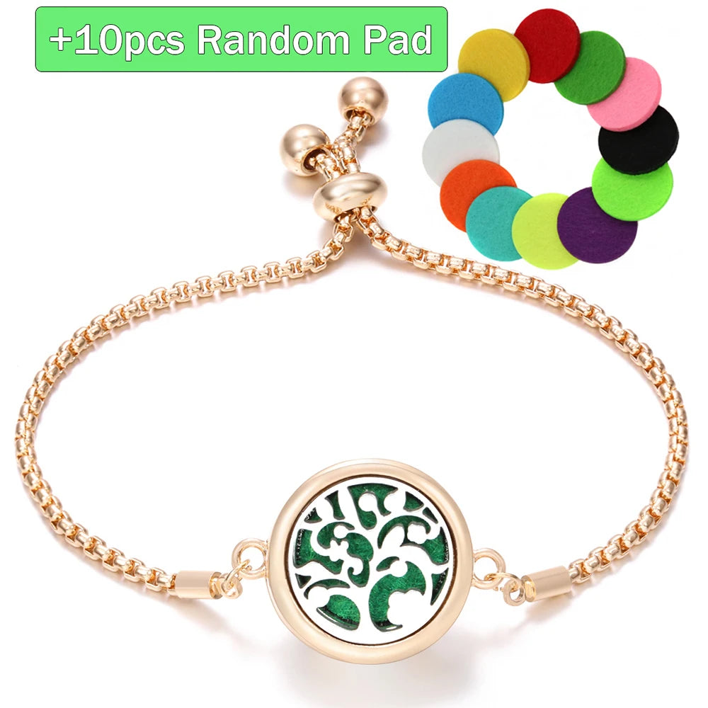 New Trendy Golden Tree of Life Stainless Steel Aromatherapy Bangle Women Essential Oil Diffuser Perfume Lockets Bracelet Jewelry