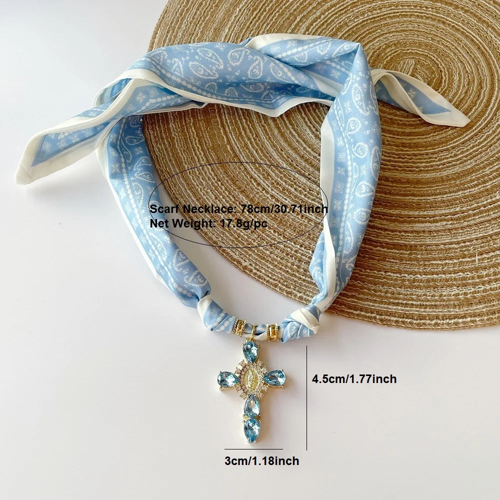 Blue Navy Pink Cross Bandana Necklace Rhinestone Cross with Virgin Mary Medallion & Fashion Adjustable Scarf Chocker