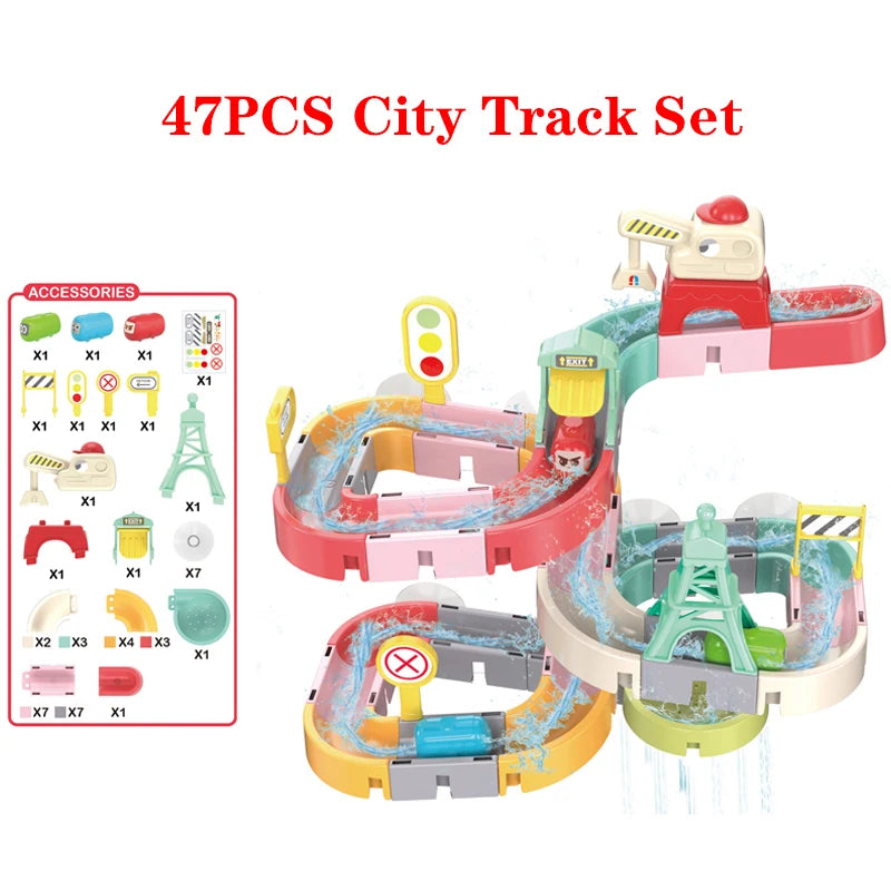 DIY Building Water Slide Tracks BaBy Bath Toys Wall Track Building Set Spray Water Toys for Kids, Outside Pool Bathtub Toys