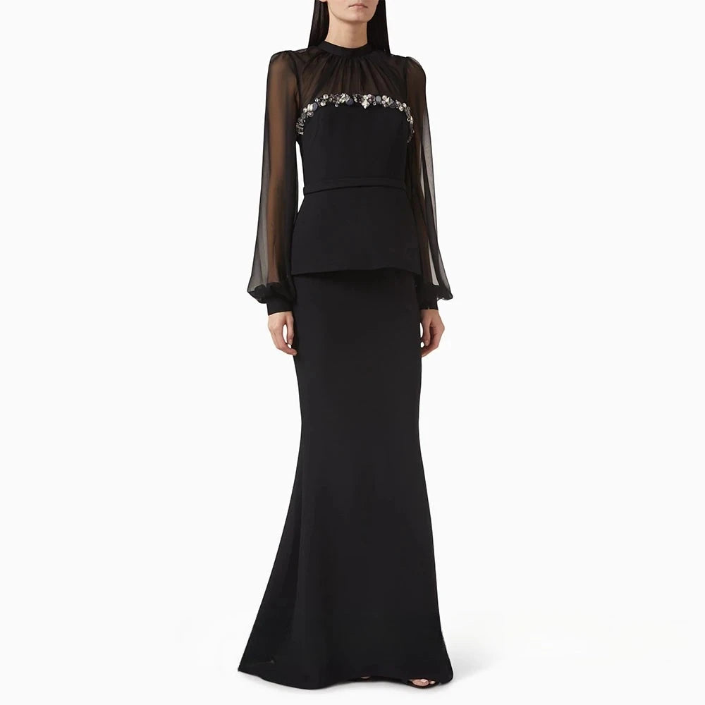 Black Evening Dress O Neck Long Sleeves Floor Length Mermaid Prom Gown Fashion Sequins Pleat Jersey Party Dress Customized