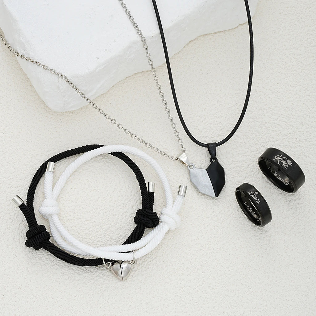 6 Pcs Minimalist Heart Desgin Couple Jewelry Sets Black White Color Love Pendant Bracelet Necklace Letter Ring Trendy Jewelry