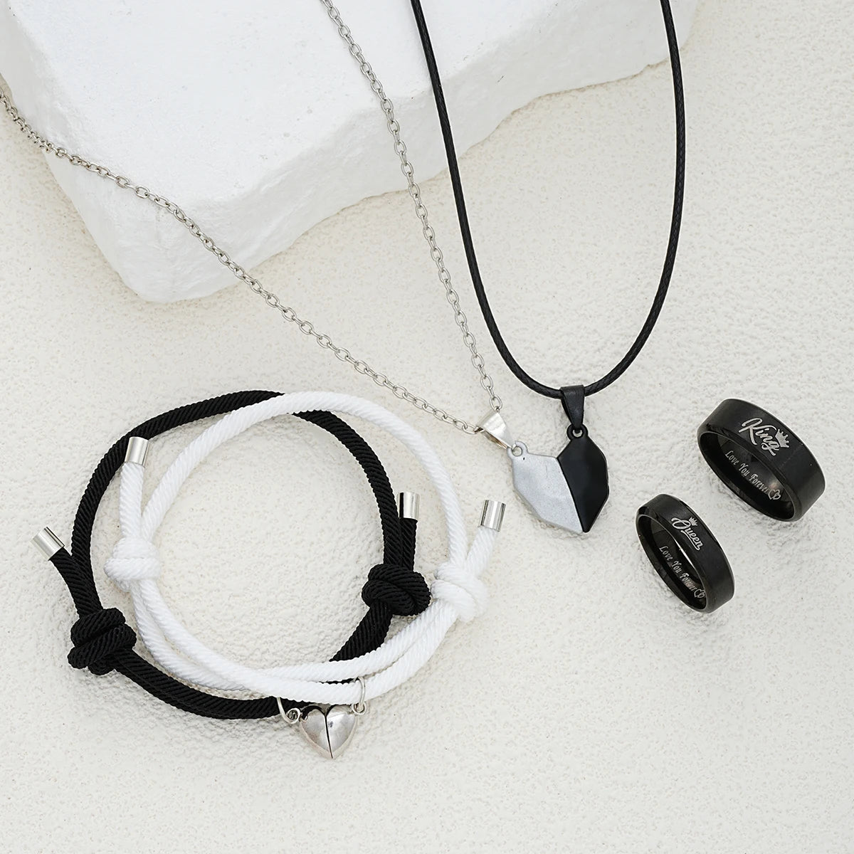 6 Pcs Minimalist Heart Desgin Couple Jewelry Sets Black White Color Love Pendant Bracelet Necklace Letter Ring Trendy Jewelry