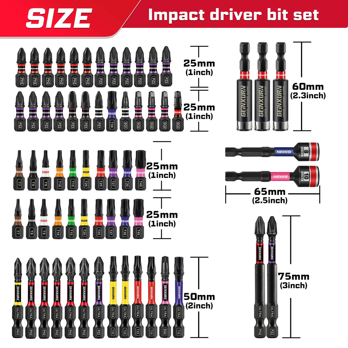 Geinxurn Impact Driver Bit Set with Nut Driver & Double Lock Impact Bit Holder S2 Alloy Steel for DIY