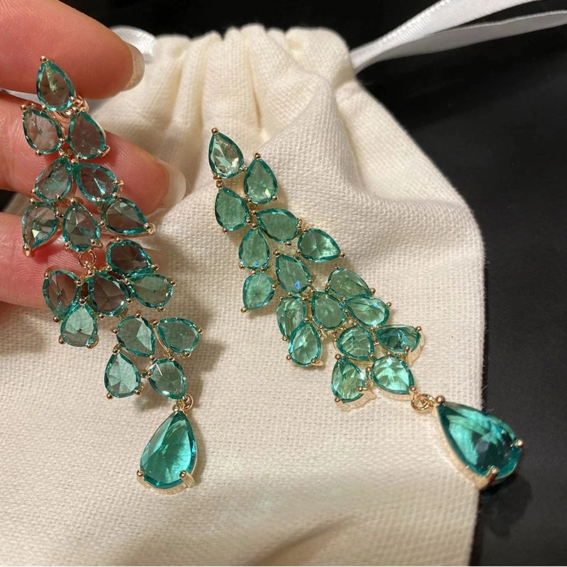 925 Silver Needle Personality Long Green Rhinestone Water Drop Dangle Earrings Women's Elegant Temperament Jewelry Accessories
