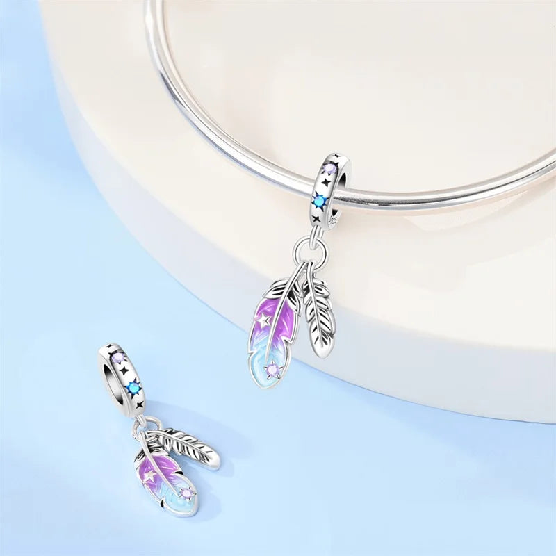 925 Silver Color Gem Butterfly Luminous Firefly Purple Charms Pendants Fit 3mm 925 Original Bracelets DIY Party Jewelry Gift