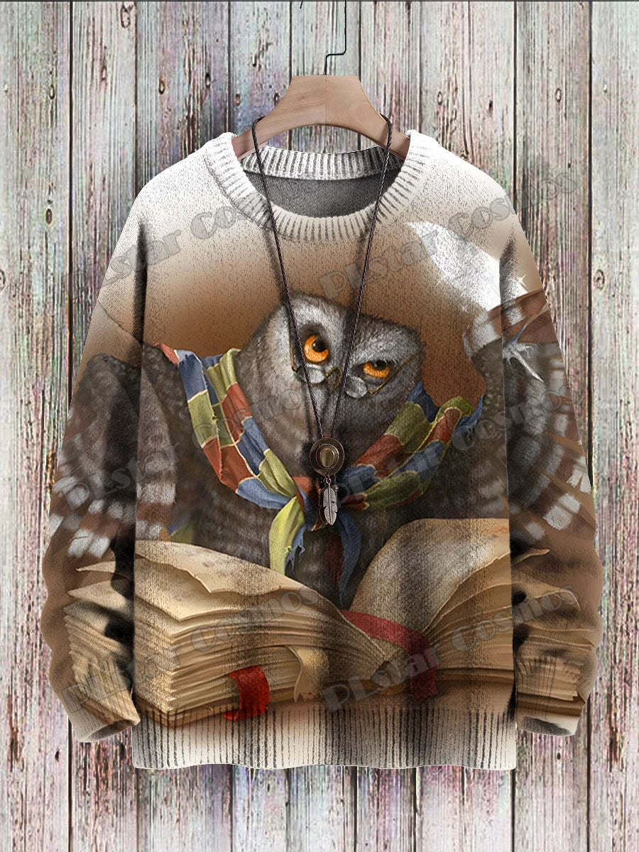 Owl Art Pattern 3D Printed Men's Knitted Pullover Winter