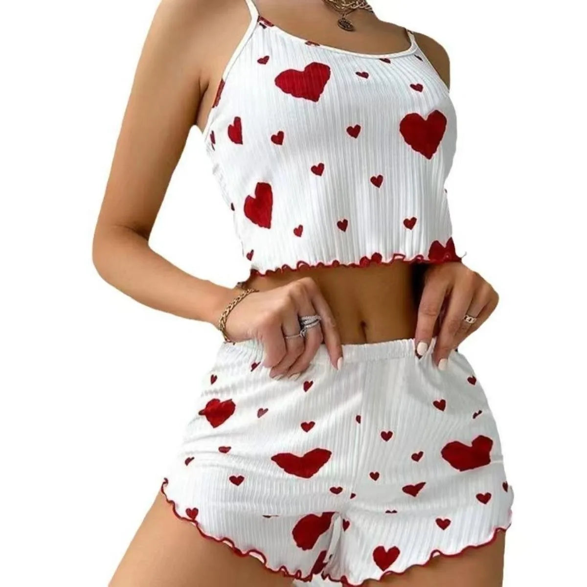 Women's Heart Print Home Clothes Suit Suspender Shorts Casual Female pajamas Lightweight Love 2PCS Sleepwear Fashion Nightwear