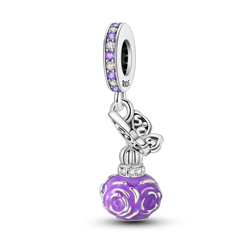 925 Silver Color Gem Butterfly Luminous Firefly Purple Charms Pendants Fit 3mm 925 Original Bracelets DIY Party Jewelry Gift