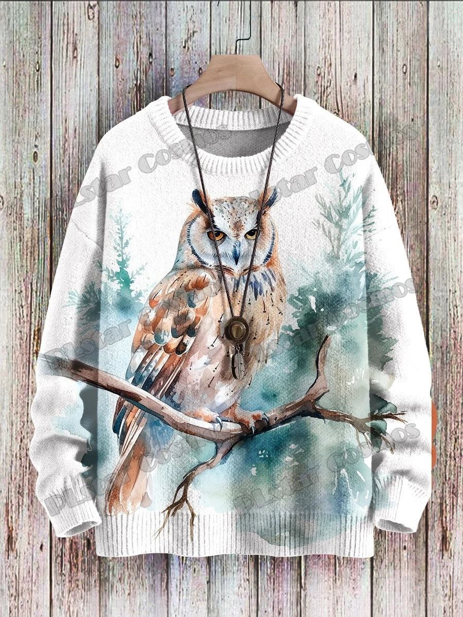 Owl Art Pattern 3D Printed Men's Knitted Pullover Winter