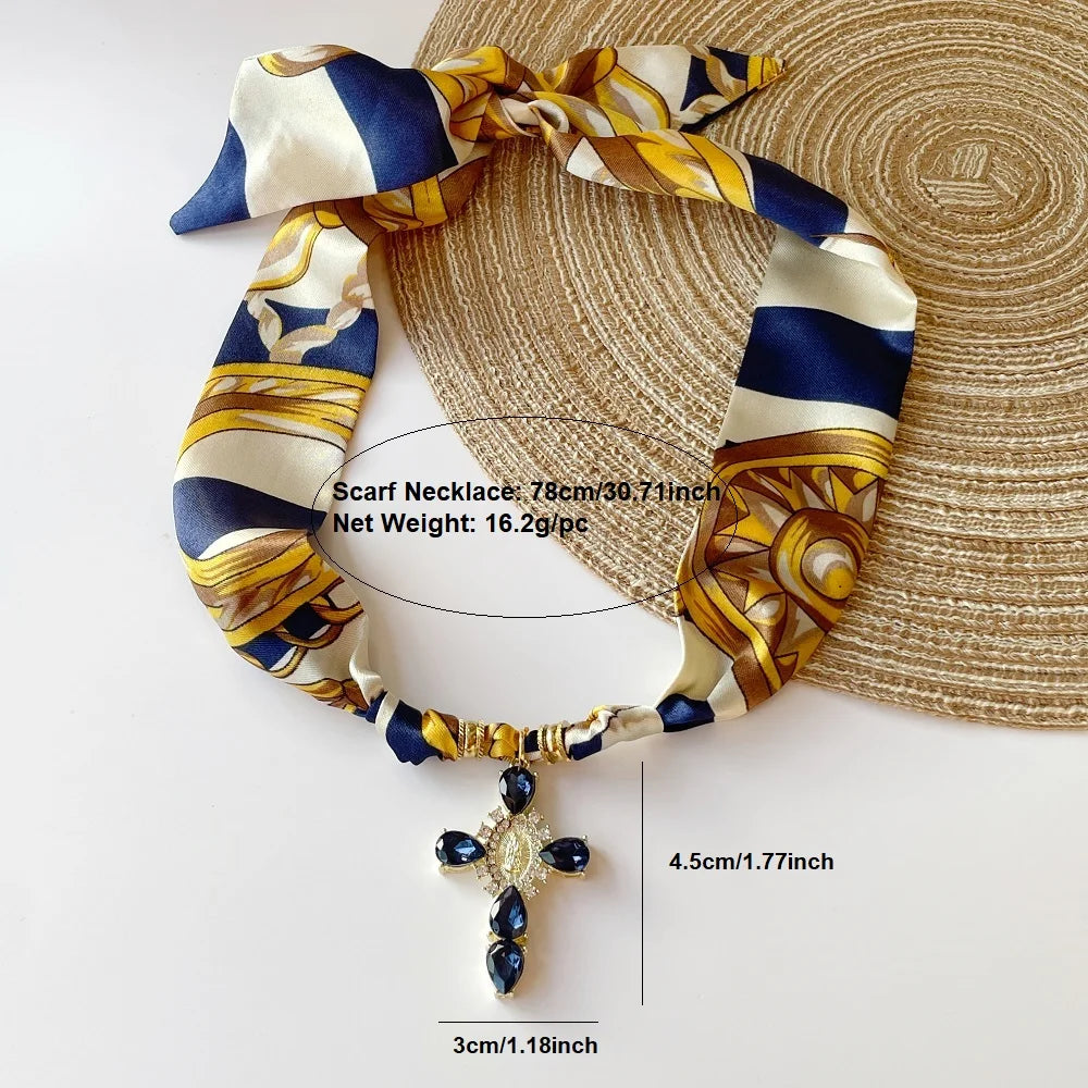 Blue Navy Pink Cross Bandana Necklace Rhinestone Cross with Virgin Mary Medallion & Fashion Adjustable Scarf Chocker