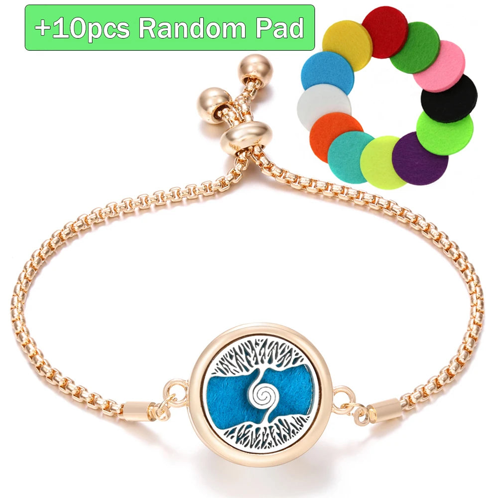 New Trendy Golden Tree of Life Stainless Steel Aromatherapy Bangle Women Essential Oil Diffuser Perfume Lockets Bracelet Jewelry