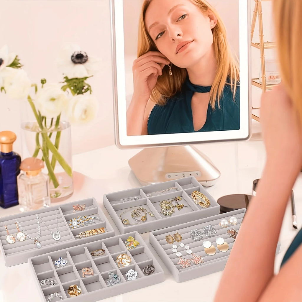 4pcs Velvet Jewelry Organizer Set Stackable Drawer Storage for Earrings, Necklaces & Rings Women, Beading Jewelry Making Display