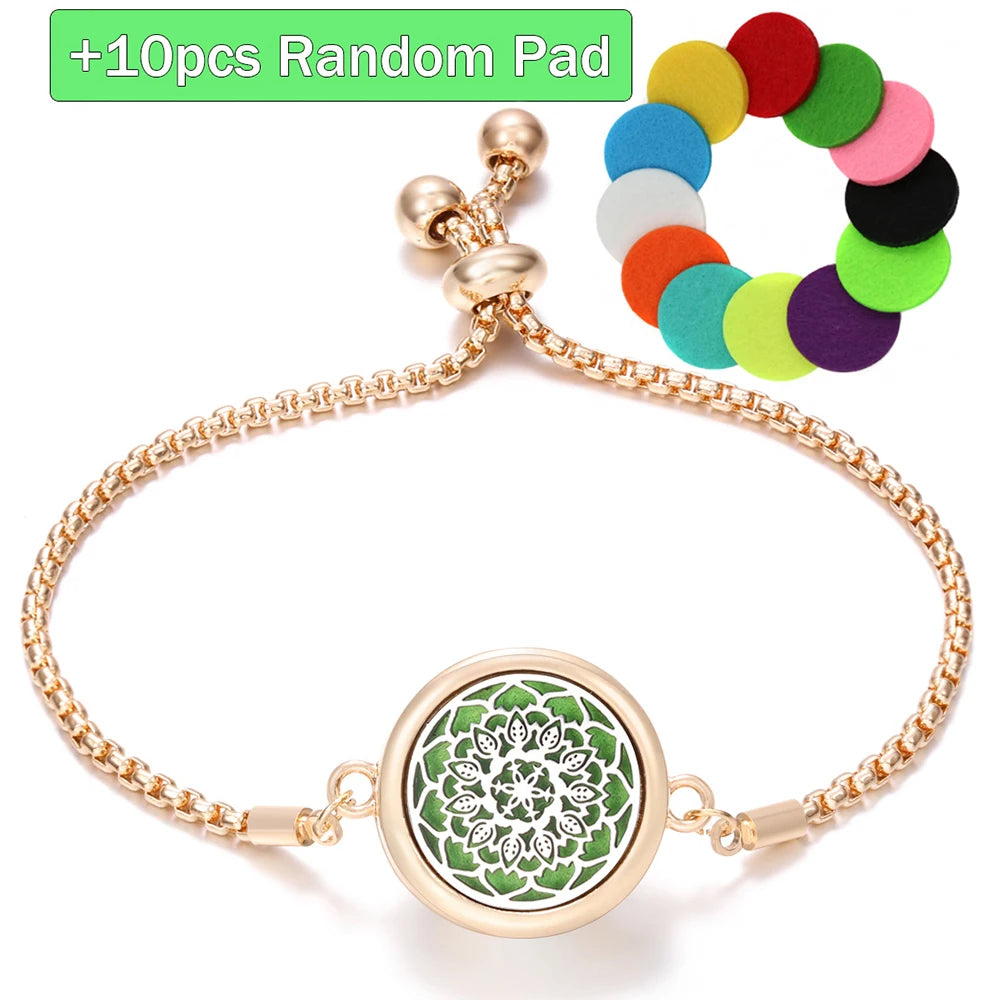 New Trendy Golden Tree of Life Stainless Steel Aromatherapy Bangle Women Essential Oil Diffuser Perfume Lockets Bracelet Jewelry