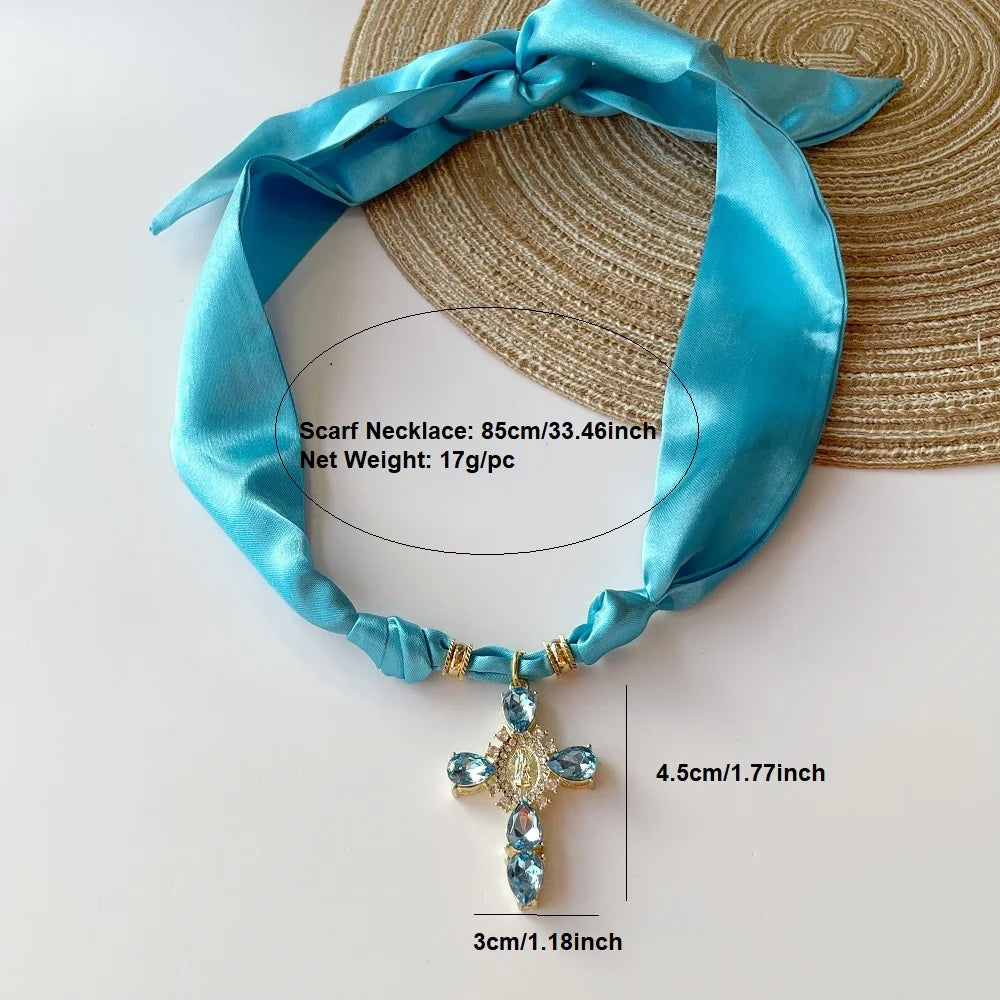 Blue Navy Pink Cross Bandana Necklace Rhinestone Cross with Virgin Mary Medallion & Fashion Adjustable Scarf Chocker