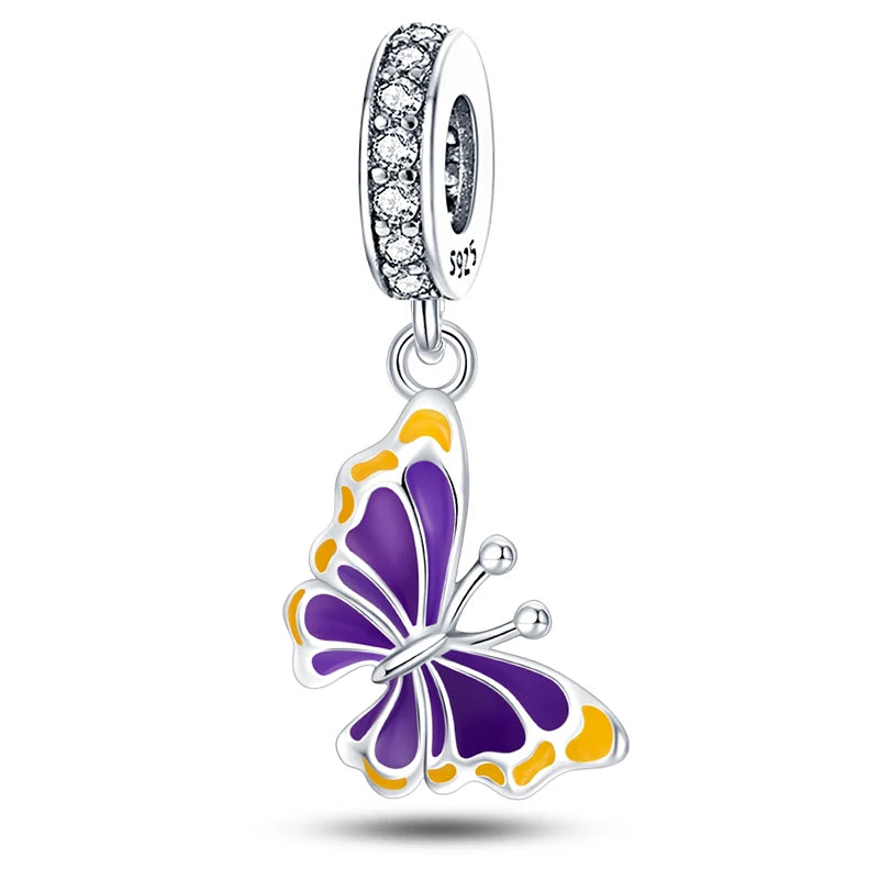 925 Silver Color Gem Butterfly Luminous Firefly Purple Charms Pendants Fit 3mm 925 Original Bracelets DIY Party Jewelry Gift