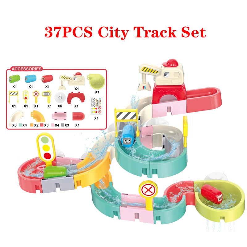 DIY Building Water Slide Tracks BaBy Bath Toys Wall Track Building Set Spray Water Toys for Kids, Outside Pool Bathtub Toys