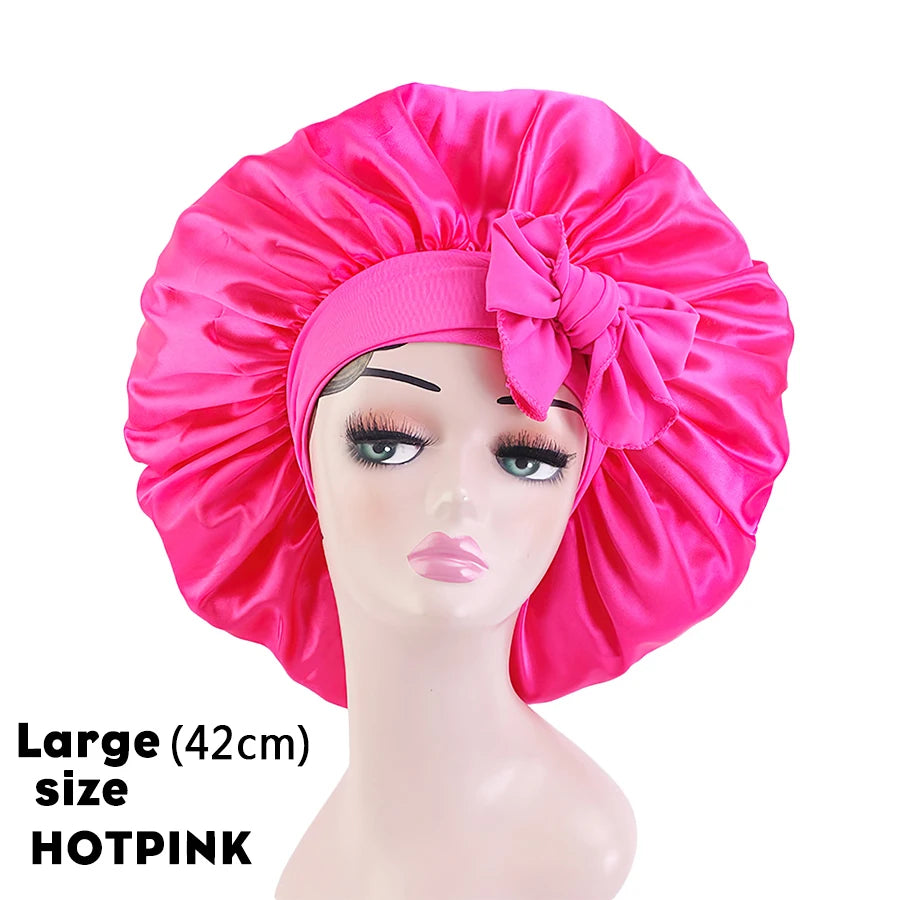 Custom Logo Women'S Satin Bonnet With Wide Stretch Ties Band Long Tail Bonnet Satin Cheveux Nuit Silk Sleeping Night Cap Bonnets