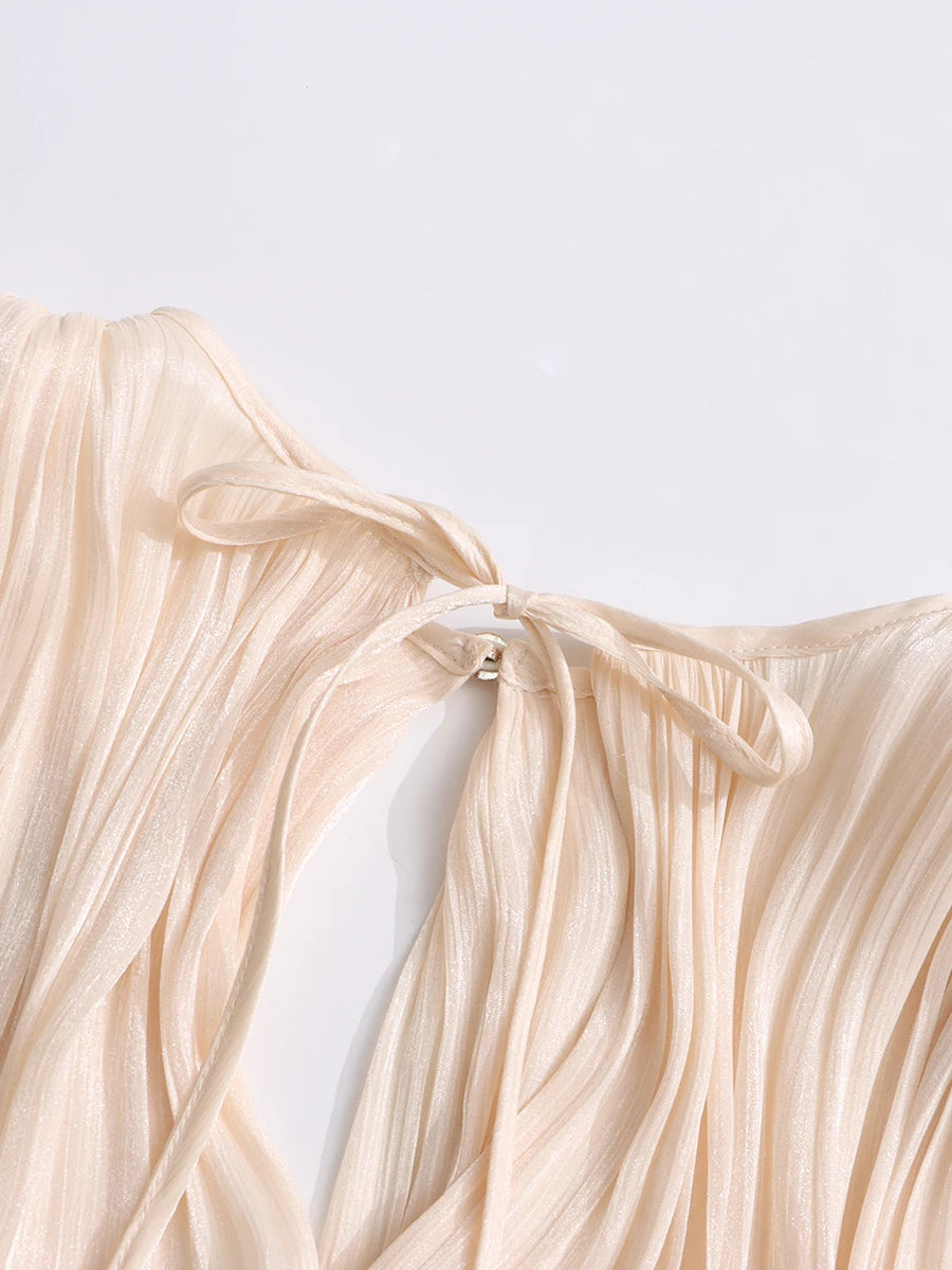 Solid Loose Spliced Folds Dresses For Women O Neck Long Sleeve High Waist Temperament Dress Female Fashion Style