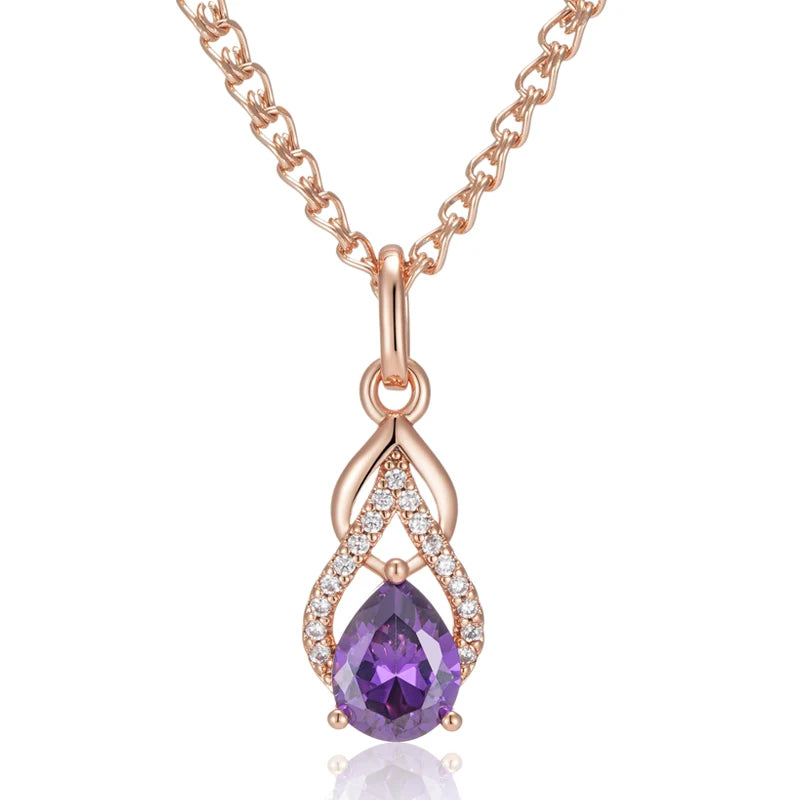 Kinel Sparkling Purple Water Drop Natural Zircon Pendant Necklace for Women 585 Rose Gold Color Vintage Party Fine Daily Jewelry