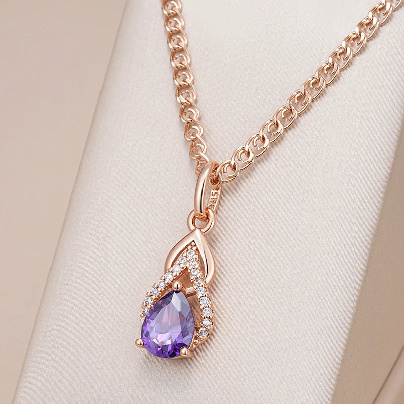 Kinel Sparkling Purple Water Drop Natural Zircon Pendant Necklace for Women 585 Rose Gold Color Vintage Party Fine Daily Jewelry