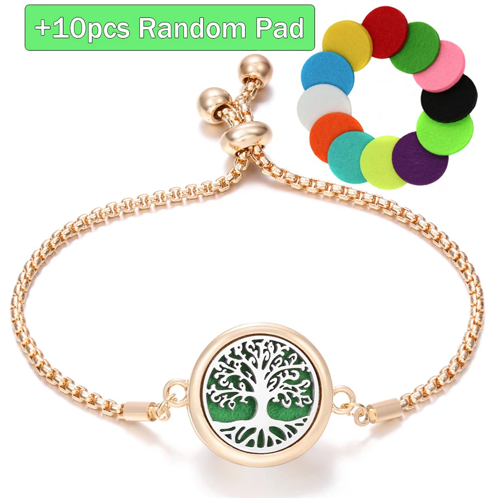 New Trendy Golden Tree of Life Stainless Steel Aromatherapy Bangle Women Essential Oil Diffuser Perfume Lockets Bracelet Jewelry