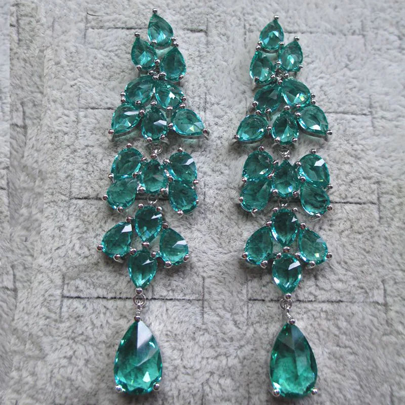 925 Silver Needle Personality Long Green Rhinestone Water Drop Dangle Earrings Women's Elegant Temperament Jewelry Accessories