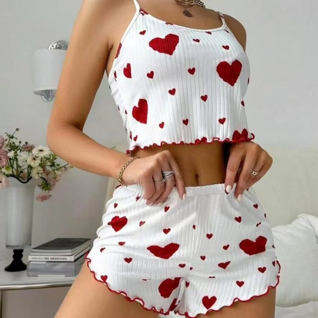 Women's Heart Print Home Clothes Suit Suspender Shorts Casual Female pajamas Lightweight Love 2PCS Sleepwear Fashion Nightwear