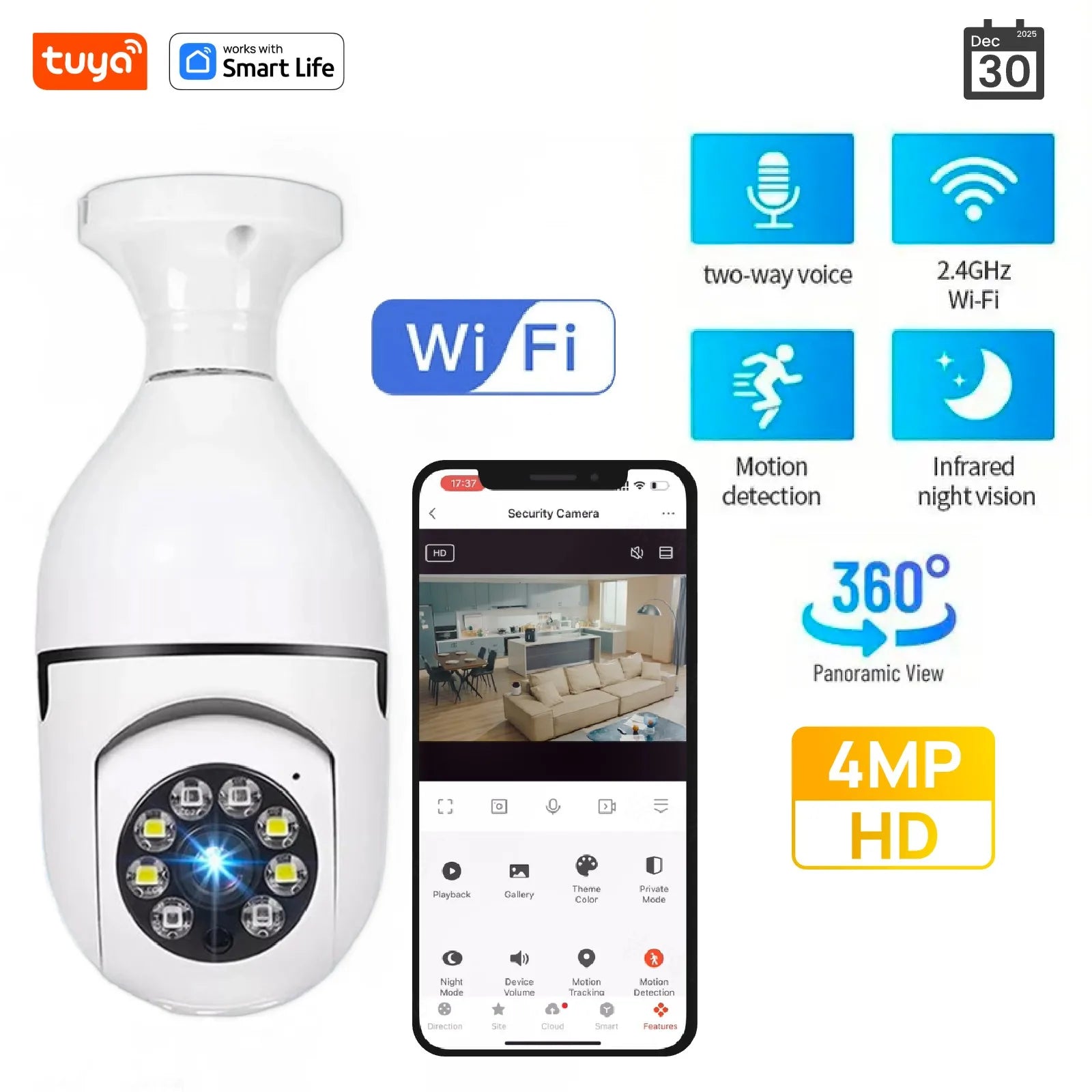 Tuya Smart E27 Security Camera 2.4G 3MP HD for Home,Baby/Elder/Pet Camera 100-240V