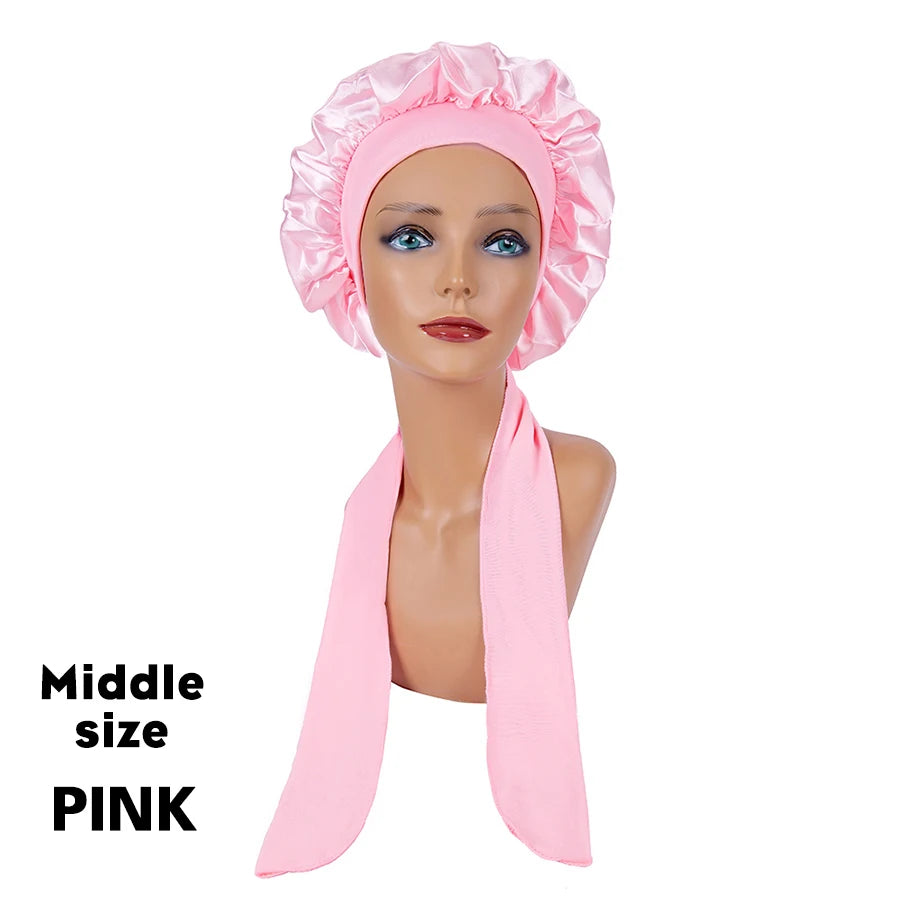 Custom Logo Women'S Satin Bonnet With Wide Stretch Ties Band Long Tail Bonnet Satin Cheveux Nuit Silk Sleeping Night Cap Bonnets