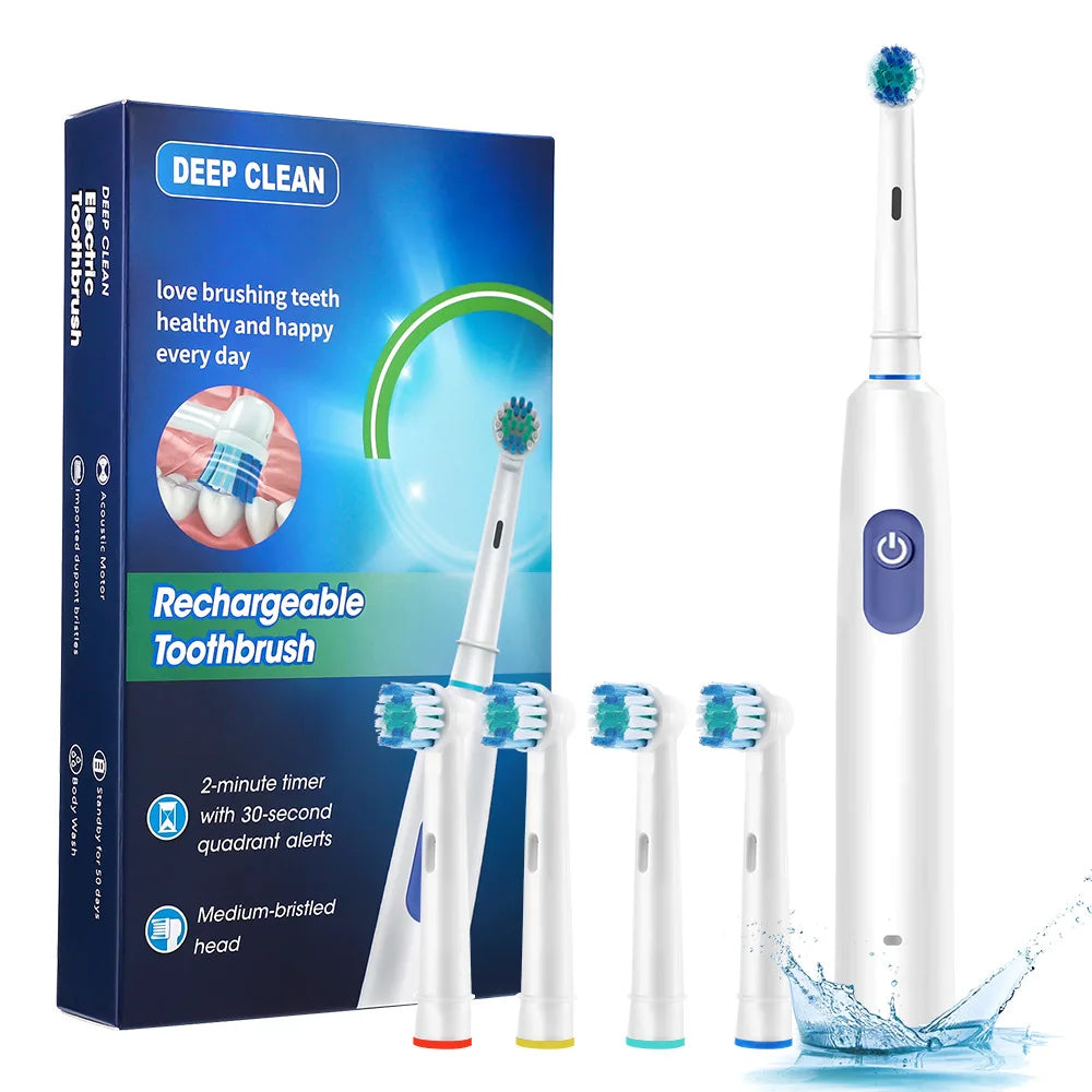 Smart Electric Toothbrush - 4 Heads Rotating with Timer, 5 Modes Rechargeable for Teeth Whitening & Oral Care