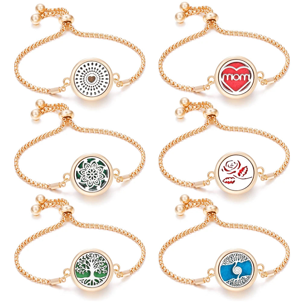 New Trendy Golden Tree of Life Stainless Steel Aromatherapy Bangle Women Essential Oil Diffuser Perfume Lockets Bracelet Jewelry