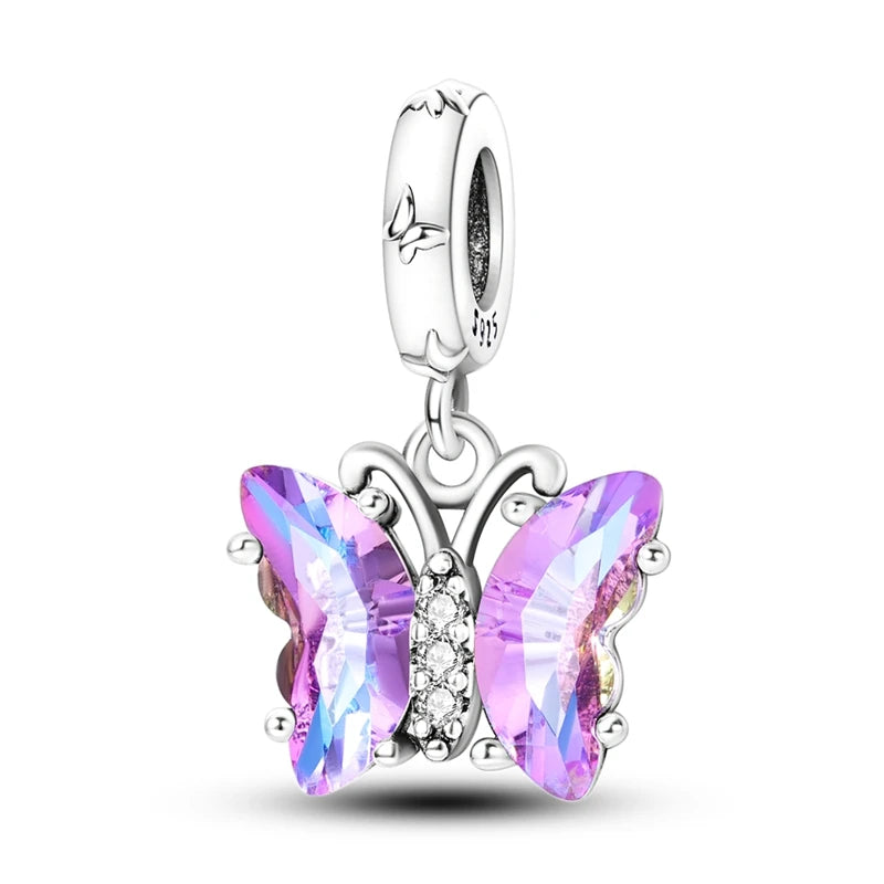 925 Silver Color Gem Butterfly Luminous Firefly Purple Charms Pendants Fit 3mm 925 Original Bracelets DIY Party Jewelry Gift