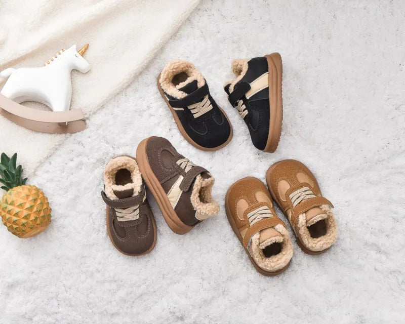 1-8Y Children's Shoes Autumn Winter New Baby Boys Girls Black Cotton Plush Warm Shallow Boots Little Kids Casual Sports Shoes