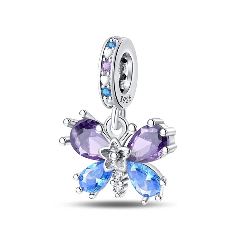 925 Silver Color Gem Butterfly Luminous Firefly Purple Charms Pendants Fit 3mm 925 Original Bracelets DIY Party Jewelry Gift