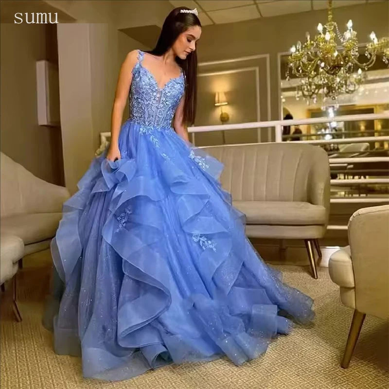 Moonlit Customized Evening Dresses Lace Prom Dress Multilayers Elegant Princess Gown Applique Party Gown فساتين مناسب