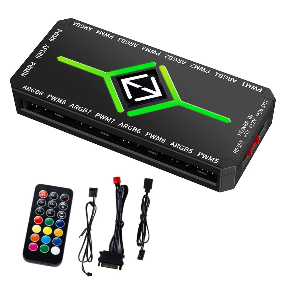 PC Cooling Fan Hub 5V 3 Pin ARGB Controller with PWM Temperature Control for Gaming PC RGB Effects and Wireless Remote Support