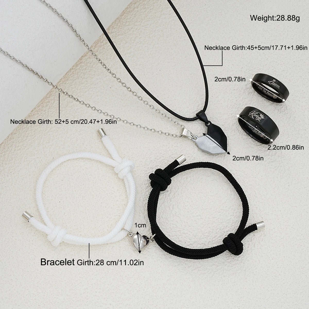 6 Pcs Minimalist Heart Desgin Couple Jewelry Sets Black White Color Love Pendant Bracelet Necklace Letter Ring Trendy Jewelry