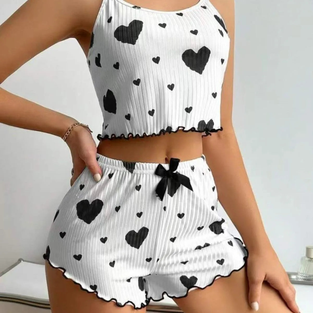 Women's Heart Print Home Clothes Suit Suspender Shorts Casual Female pajamas Lightweight Love 2PCS Sleepwear Fashion Nightwear