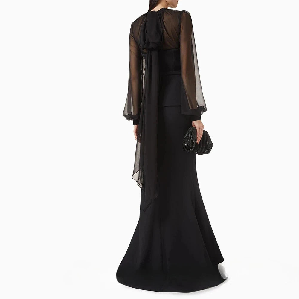 Black Evening Dress O Neck Long Sleeves Floor Length Mermaid Prom Gown Fashion Sequins Pleat Jersey Party Dress Customized