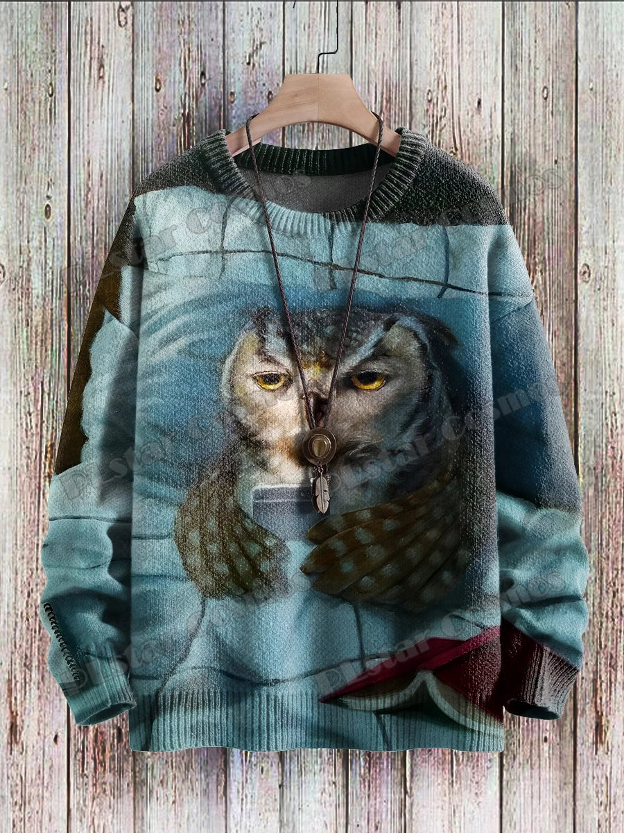 Owl Art Pattern 3D Printed Men's Knitted Pullover Winter