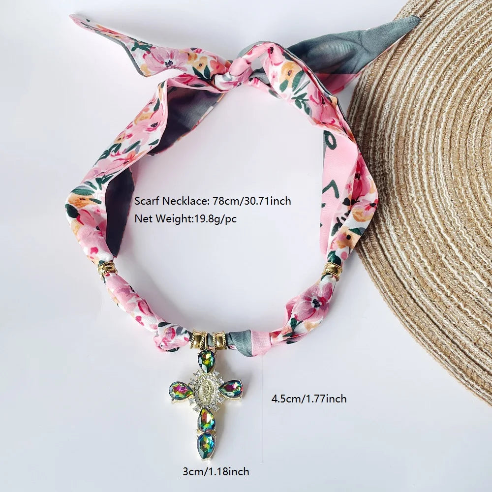 Blue Navy Pink Cross Bandana Necklace Rhinestone Cross with Virgin Mary Medallion & Fashion Adjustable Scarf Chocker