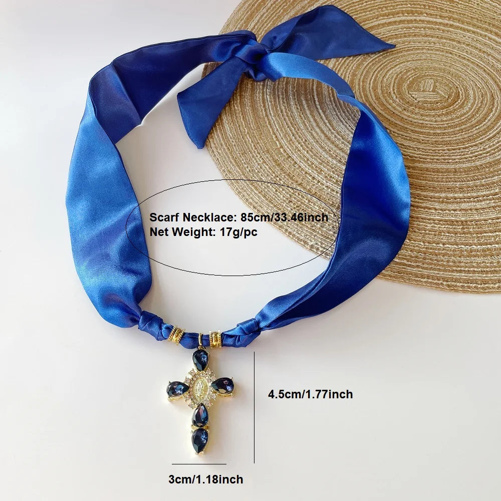 Blue Navy Pink Cross Bandana Necklace Rhinestone Cross with Virgin Mary Medallion & Fashion Adjustable Scarf Chocker